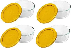 Pyrex 7200 2 Cup Glass Bowls & 7200-PC Butter Yellow Food Storage Replacement Lids (4-Pack) - Made in USA