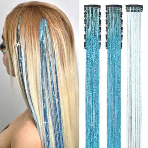 ZRQ 12Pcs Sky Blue Hair Tinsel Clip in Fairy Glitter Tinsel Hair Extensions