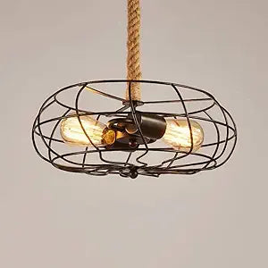 Height Adjustable Barn Ceiling Pendant Lamp Loft Industrial V-intage Iron Metal Fan Hanging Lanterns Light with Cage Hemp Rope E27 3-Lights Ceiling Lighting Fixture for Restaurant Kitchen Gar