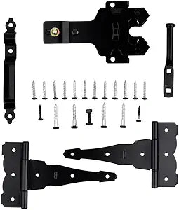 National Hardware N109-308 V8422 Deluxe Decorative T-Hinge Gate Kit Black Steel Finish 2-Pack Hinges with Latch Strike Pull for Wood Vinyl Metal Outdoor Fence Gates