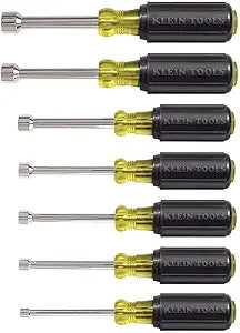 Klein Tools 631 Tool Set, Made in USA, Nut Driver Set w/Hex Nut Sizes 3/16, 1/4, 5/16, 11/32, 3/8, 7/16 and 1/2-Inch on 3-Inch Full Hollow Shaft, 7-Piece