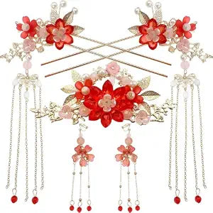 Traditional Chinese Wedding Hair Accessories, Red and Pink Pearl Flower Tassel Hairpins with Gold Chain, Vintage Hanfu Style Hair Clips, 5 Piece Set
