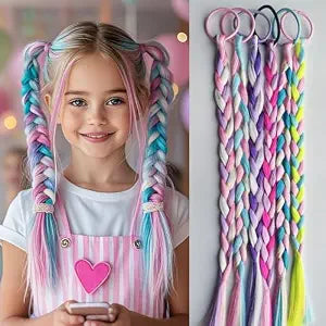 6-Pack Colorful Braided Hair Extensions – Elastic Tie-On Synthetic Braids – Fun and Easy Hairpieces – Cute Ponytail Accessories for Daily Wear, Parties & Gifts