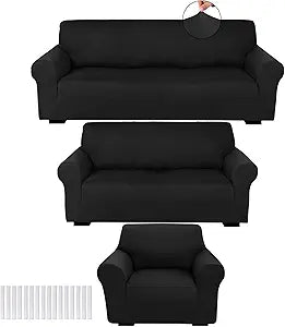 Peryiter 3 Pcs Couch and Loveseat Covers Set Sofa Cover for Couch Sofa Slipcover for Living Room Arm Chair Furniture Protector(Black,Milk Silk Spandex)