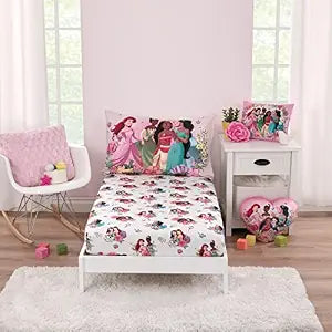 Disney Princesses Courage and Kindness Ariel, Tiana, Moana, Jasmine, Cinderella, Mulan, Belle, and Snow White 2 Piece Toddler Sheet Set - Fitted Bottom Sheet and Reversible Pillowcase