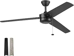 Prominence Home Tenant, 52 Inch Contemporary Indoor Outdoor LED Ceiling Fan, No Light, Pull Chain, Dual Mounting Options, 3 Dual Finish Blades, Reversible Airflow - 51866-01 (Matte Black)
