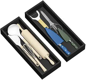 Kitchen Drawer Organizer Tray, Stackable Black Bamboo Drawer Organizer for Large Silverware, Utensils, Cutlery, Flatware, Junk, Dresser, Bathroom, 17" x 6" x 2.5" (Set of 2)