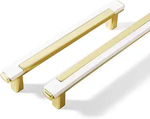 10 Pack Modern White and GoldCabinet Pulls,5 Inch Hole Center Solid Zinc Alloy Drawer Handles, Anti-Rust Kitchen Hardware for Dresser, Cupboard and Bathroom Vanity