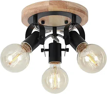3-Light Round Flush Mount Ceiling LightRustic Ceiling Track Lighting with Wooden Base, Adjustable Multi-Directional Kitchen Light fixtures for Dining Room Hallway Entryway Bedroom.