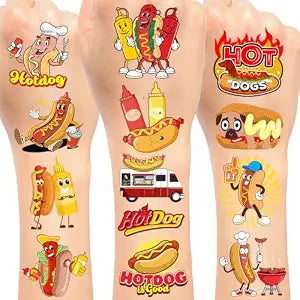 144 PCS Hot Dog Temporary Tattoos Stickers, Hot Dog Party Favors Hot Dog Birthday Party Decorations Supplies Gifts for Kids Teens Adults Boys Girls Classroom Rewards