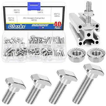 Glarks 80pcs M5 T Slot Drop-in Bolt with Hexagon Flange Nut Set, 10/12/16/20MM Hammer Head T-Bolt, T Shape Stud Sliding Screw, T Screw Stud for European Standard 20 Series Aluminum Profile