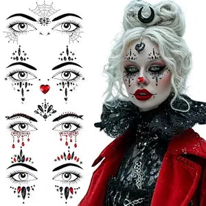 4 Pack Face Gems Jewels Tattoos for Halloween, Glitter Rhinestones Day of the Dead Skull Spider Web Clown Crystals Makeup Stickers for Women Halloween Festival Rave Party Outfit (Black Red Purple)