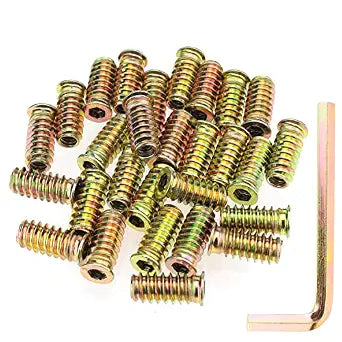 1/4"-20 x 25mm Threaded Inserts, Nut Inserts, Wood Inserts, Zinc Plated Carbon Steel, 1/4-20 Threaded Inserts with Hex Wrench for Wood Furniture Screw, Total 31 Pieces
