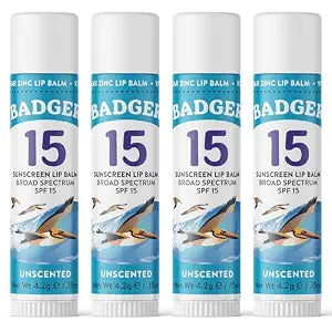 Badger Mineral Sunscreen Lip Balm SPF 15, Reef Safe, .15 oz (4-Pack)
