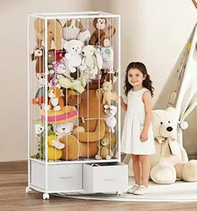 Metal Stuffed Animal Storage Zoo Organizer, 23.6"L x 16.5"W x 53.5"H | 2 Drawers, Mobile Toy Cage on Wheels, White