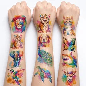 96 PCS Watercolor Animal Pre-Cut Temporary Tattoos for Kids, Super Cute