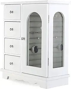 ZGZD White Jewelry Box for Girls Wooden Makeup and Accessories Organizer Ring Storage with 4 Drawers and Swing Door