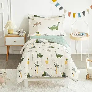 Joyreap 4 Piece Dinosaur Toddler Bedding Set, Cotton Toddler Comforter Sheet Set, Green Dinosaurs Print on White Design for Kids Boys n Girls