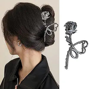 Flower Hair Claw Clips Metal Gunmetal Black Rose Hair Clips Large Heart Non-Slip Hair Jaw Clips for Women and Girls Trendy Hair Accessories Strong Hold Clamp Clip Hair Supplies for Thick/Thin Hair