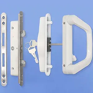ALLYWASAI Sliding Patio Door Handle Set with Mortise Lock, Suitable for Sliding Glass Patio Door Thickness from 1.5in to 2in, 4-15/16" Screw Holes, Need to Drill, Reversible Design, Keyed, White