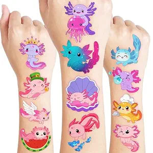 120 PCS Pink Cute Axolotl Pre-Cut Temporary Tattoos for Kids