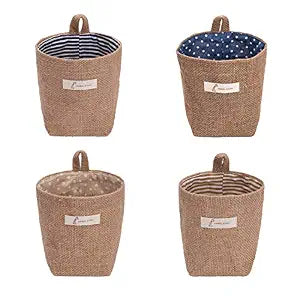 4 Pack Wall Hanging Storage Bags Hanging Storage Bags Cotton Linen Storage Basket Foldable Wall Hanging Basket Family Organizer Box Decorative Bag (Color as Shown)3.93 * 3.93 * 5.31