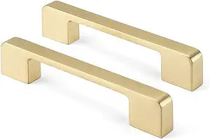 Rergy Cabinet Pulls Kitchen Handles for Cabinets, 10Pack Gold 3-3/4inch Hole Center, Square Drawer Hardware Zinc Alloy Dresser Handle for Cupboard