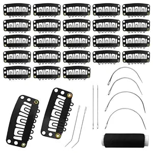 MUIIGOOD 25Pcs 32mm Hairpieces Snap Clips U Shape Wig Clips for Hair Extensions Making Wig Accessories Set Tools (Black)