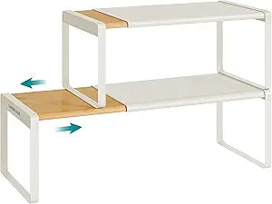 SONGMICS HOME Spice Racks, Expandable Cupboard Shelf Orgnizers, Kitchen Counter Shelves, Bamboo and Metal, Space-Saving Shelving, Stackable, Light Bamboo and Cream White UKCS051N01