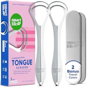 Tongue Scraper For Adults - Dual Head Stainless Steel Tongue Cleaner Travel Metal Case | Bad Breath Mouth Treatment | Best Disposable Metal Plastic-Free Scrubber | Oral Care Hygiene Essential Kit, 2pk