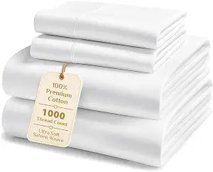Cotton King Sheets- 1000 Thread Count, 4-Piece Luxury Bed Sheet Set, Soft Sateen Weave Luxury Hotel Quality with 16" Elasticized Deep Pocket, White