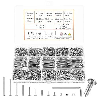 1050 Pcs M3 Screws Kit, M3 Machine Screws and Nuts and Washers Set, Assorted Button Head Socket Cap Screws Nuts and Bolts Assortment Kit, Stainless Steel Metric Screw Assortment, Fully Threaded