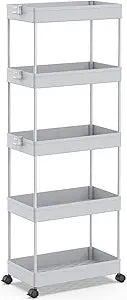 SPACEKEEPER 5-Tier Rolling Cart, Bathroom Storage Organizer Utility Cart, Mobile Shelving Unit Slide Out Shelves for Kitchen Living Room Laundry Room & Dressers,Gray