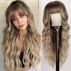 Lativ Blonde Wig with Bangs for Women Long Curly Wavy Synthetic Fiber Daily