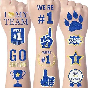 Blue Gold Team Spirit Tattoos - Gameza 138PCS Blue Gold Spirit Party Favors Supplies Decorations Glitter School Spirit Week Temporary Tattoos Stickers for Classroom Cheerleading Teams Games Rewards