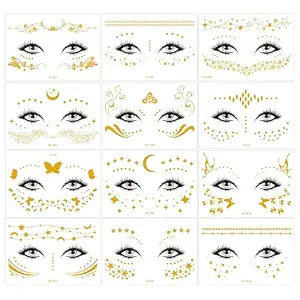 12 Pcs Gold Glitter Freckles Face Tattoo,Sparkle Makeup Patches Metallic Face Temporary Tattoos Stickers,Gold Face Freckle Tattoo for Women Halloween Christmas Party Decor 638