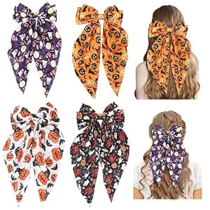Halloween Silky Satin Hair Bows for Women,Big Ribbon Bow Hair Clips for Girls, Oversized Long Tail Hair Barrettes Cute Hair Accessories (Halloween purple)