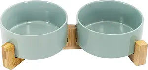 SPUNKYJUNKY Ceramic Dog and Cat Bowl Set with Wooden Stand, Modern Cute Weighted Food Water Set for Small Size Dogs (13.5OZ) & Medium Sized Dogs (28.7OZ) & Cats (3.6 Cups, 2  Morandi Green)