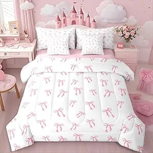 Erosebridal Cute Bowknot Kids Bedding Sets Pink Bow Princess Full Comforter Set Watercolor Bow Knot(Comforter+Fitted+Flat Sheet+2 Pillowcases+2 Throw Pillow Covers) 7 Pieces Pink White Bed Set