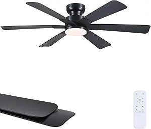 Asyko 52" Black Low Profile Ceiling Fans with Lights and Remote, Modern Indoor Ceiling Fan Light with Quiet Reversible DC Motor, Flush Mount Ceiling Fans with Dimmable LED for Bedroom Kitchen