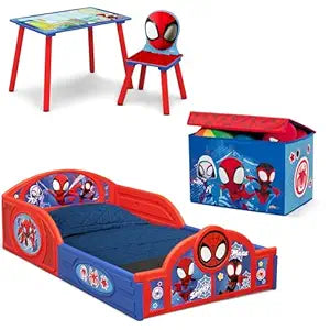 Delta Children - Marvel Spidey and His Amazing Friends 4-Piece Toddler Room-in-a-Box Set  Includes Sleep and Play Toddler Bed, Table, 1 Chair and Fabric Toy Box, Blue/Red