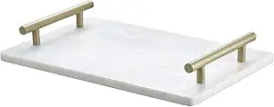 Queenza White Marble Decorative Tray with Gold Handles (12 x 8 Inch) | Luxury Stone Vanity Tray for Bathroom, Kitchen Counter, Coffee Table & Dresser Organization