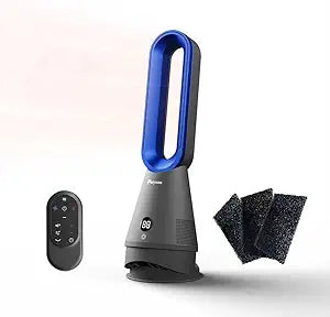 Bladeless Fan, 25inch Heating & Cooling & Filter Combo Tower Fan 80┬░ Oscillating with Remote, 9H Timer, 8 Speeds, Portable Quiet for Indoor, Bedroom, Home Office Room∩╝Grey & Blue