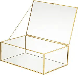 Vintage Glass Jewelry Box Keepsake Box with Hinged Lid and Mirrored Bottom, Great for Storage Trinket/Jewelry/Card/Photo, Gold Decorative Box for Dresser (Glod/Transparent, X-Large)