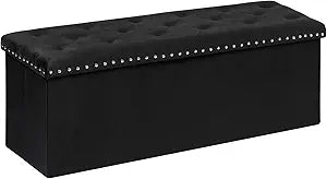 PINPLUS Black Storage Ottoman Bench for Bedroom, Folding Velvet Chest with Benches Foot Rest Stool, Large Long Shoes Chest for Bedroom, Living Room, 43.3"x15.7"x15.7"