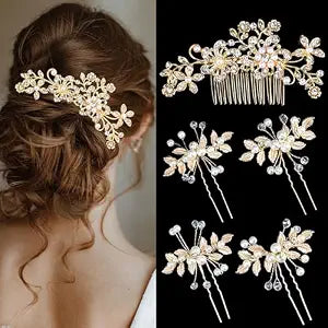 Chanaco Wedding Bridal Hair Accessories 5Pcs Wedding Hair Pieces for Brides Gold Hair Pins Hair Comb Set Bride Accessory for Women Non Slip Rhinestone Cystal Pearl Headpiece Decorations