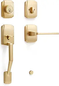 1 Pack Gold Entry Door Handle and Deadbolt Set Reversible Brushed Brass Lever Front Lock Handleset with Key Single Cylinder