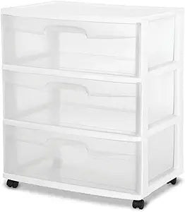 Sterilite Wide Drawer Cart, 3-Tier Plastic Storage Organizers with Wheels, White Frame - Rolling Containers for Home, Bathroom, Bedroom, Office, and Classroom Organization