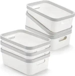 Elsjoy Set of 6 Plastic White Storage Bins with Handle, 10"x 7"x 4" Office Shelf Open Storage Containers, Bathroom Organizer Bins for Closet, Pantry