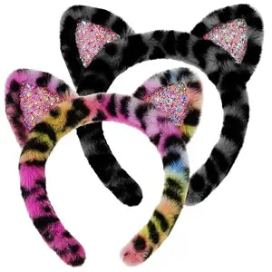 Cat Ears Headband for Women, 2-Pack White Black Leopard Cat Ears
